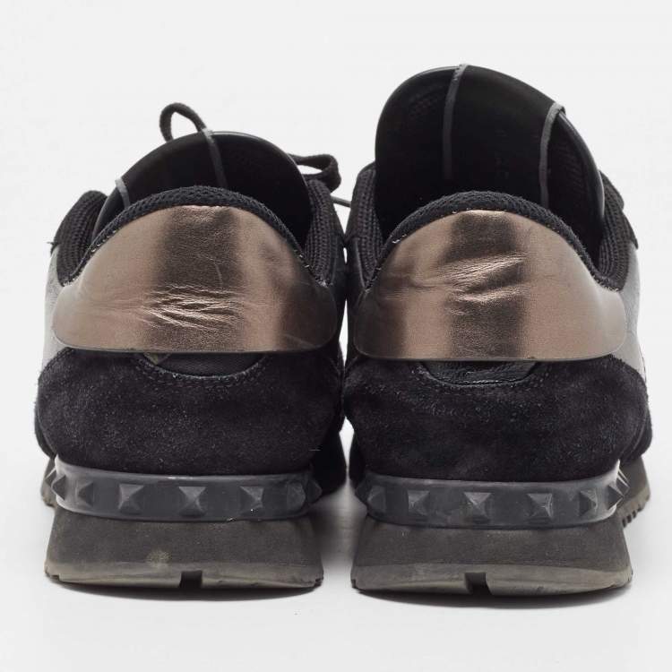 Pre Owned Valentino Black/Metallic Leather and Suede Rockrunner Sneakers Size 43 
