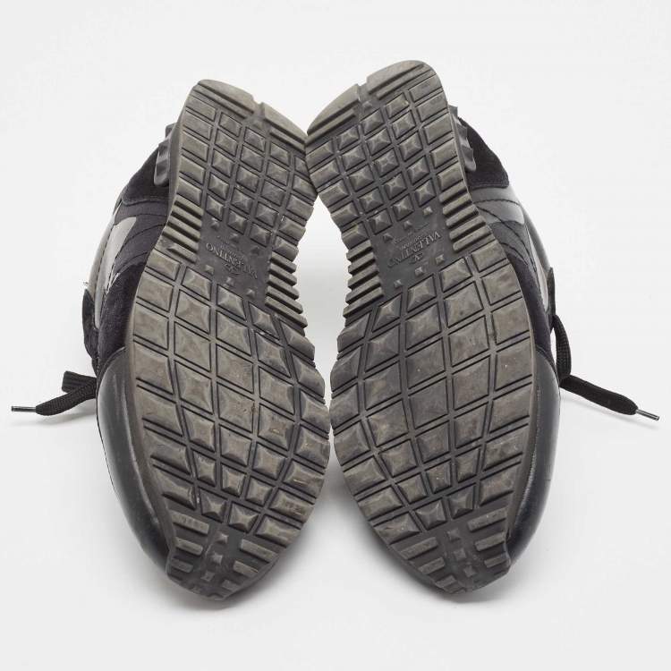 Pre Owned Valentino Black/Metallic Leather and Suede Rockrunner Sneakers Size 43 