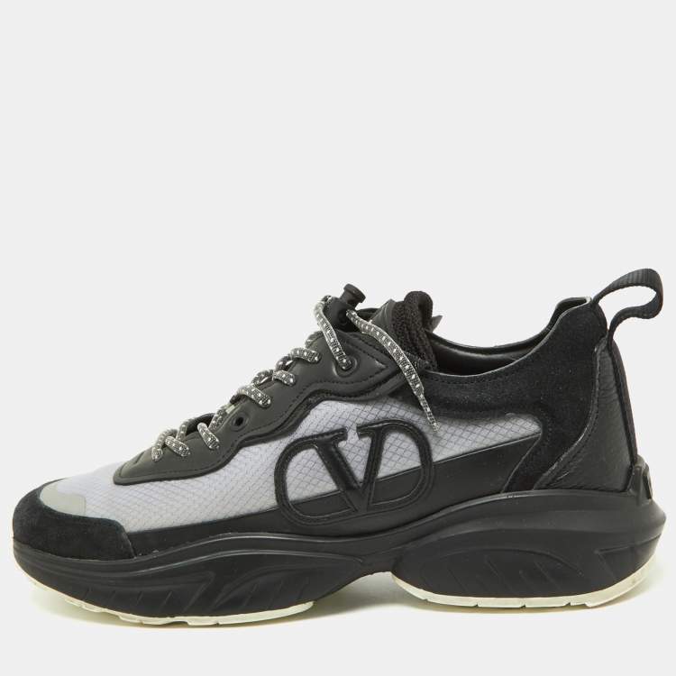 Pre Owned Valentino Black/Grey Leather,Suede and Mesh Bounce Low Top Sneakers Size 39
