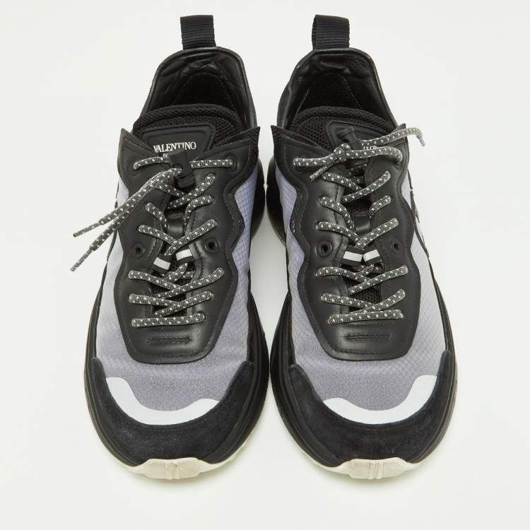 Pre Owned Valentino Black/Grey Leather,Suede and Mesh Bounce Low Top Sneakers Size 39