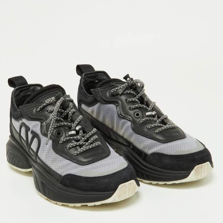 Pre Owned Valentino Black/Grey Leather,Suede and Mesh Bounce Low Top Sneakers Size 39