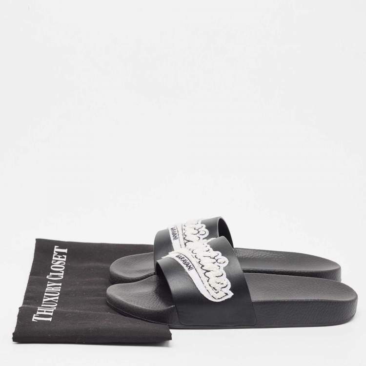Pre Owned Valentino Black Rubber Logo Patch Pool Slide Flat Size 40