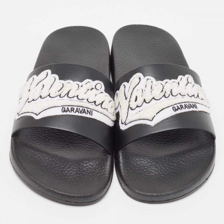 Pre Owned Valentino Black Rubber Logo Patch Pool Slide Flat Size 40