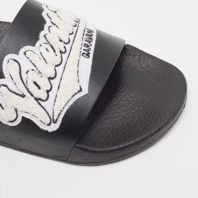 Pre Owned Valentino Black Rubber Logo Patch Pool Slide Flat Size 40