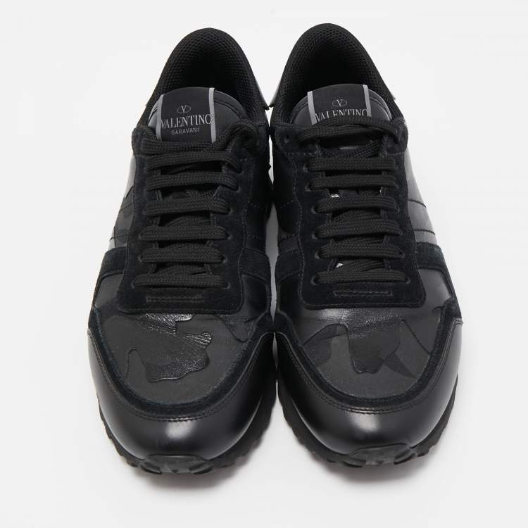 Pre Owned Valentino Dark Blue/Grey Suede And Camo Nylon Rockstud Sneakers Size 41.5