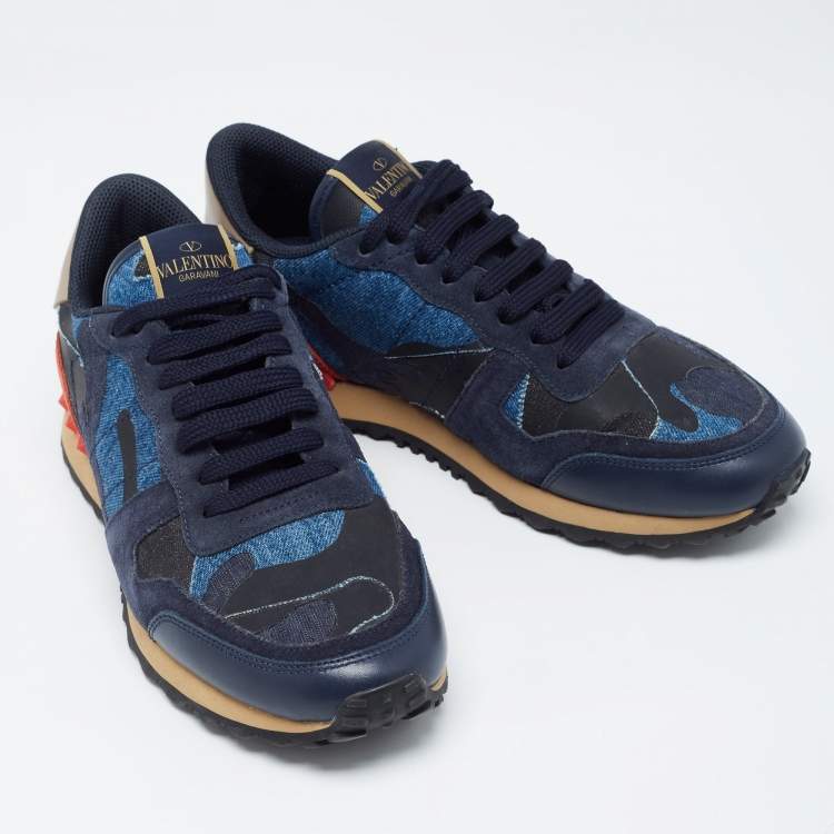Pre Owned Valentino Multicolor Camouflage Denim and Leather Rockrunner Sneakers Size 41