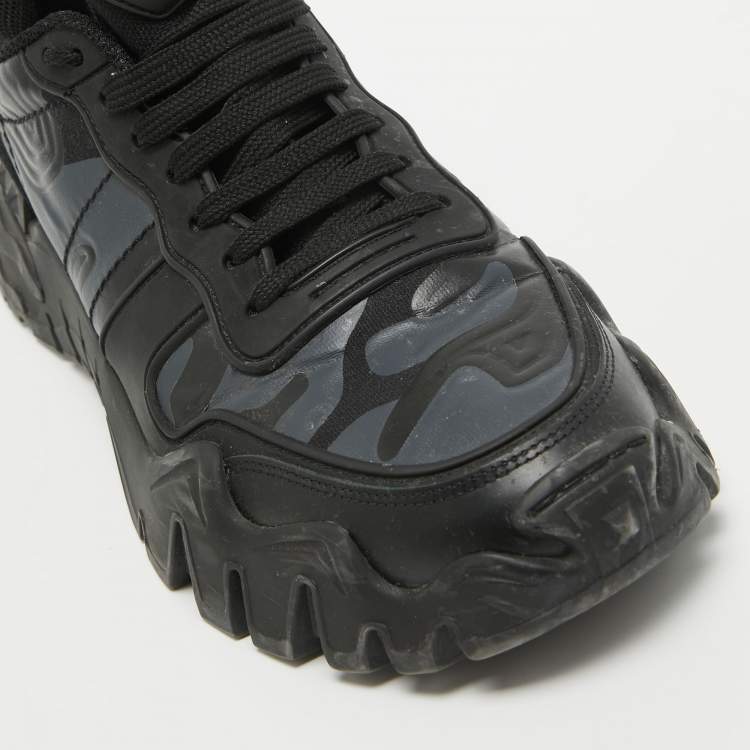 Pre Owned Valentino Black Camo Print Canvas, Leather and Suede Rockrunner Sneakers Size 43.5