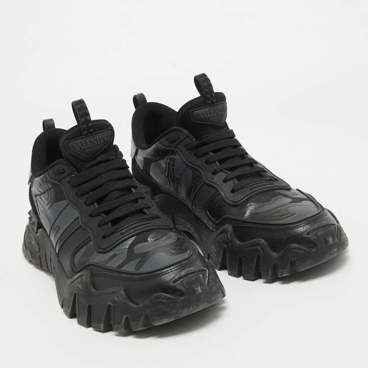 Pre Owned Valentino Black Camo Print Canvas, Leather and Suede Rockrunner Sneakers Size 43.5
