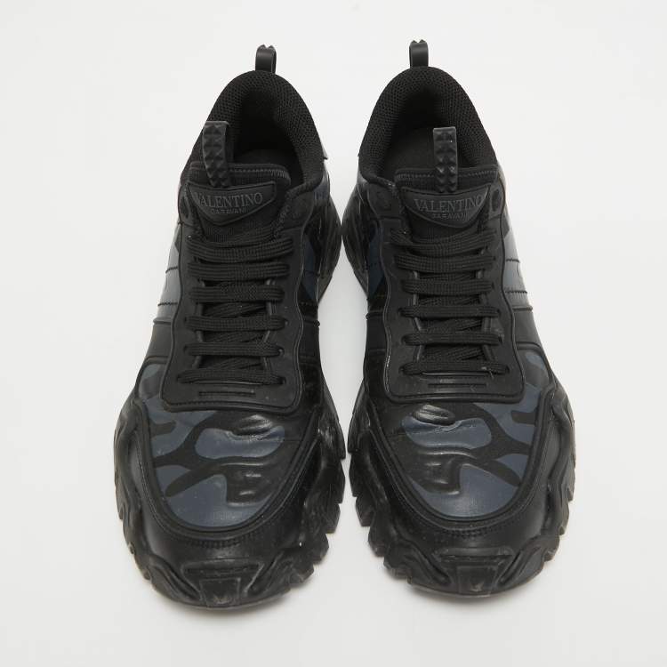 Pre Owned Valentino Black Camo Print Canvas, Leather and Suede Rockrunner Sneakers Size 43.5