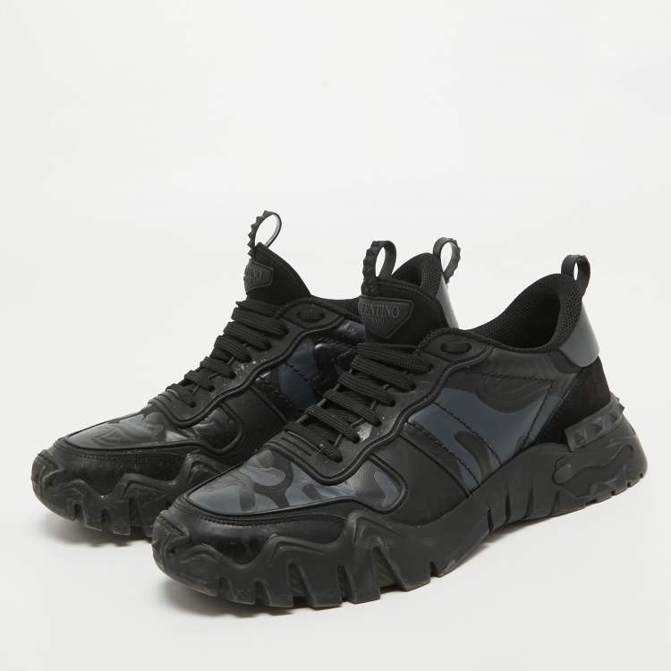 Pre Owned Valentino Black Camo Print Canvas, Leather and Suede Rockrunner Sneakers Size 43.5