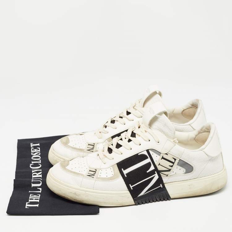 Pre Owned Valentino White/Black Leather VLTN Sneakers Size 45