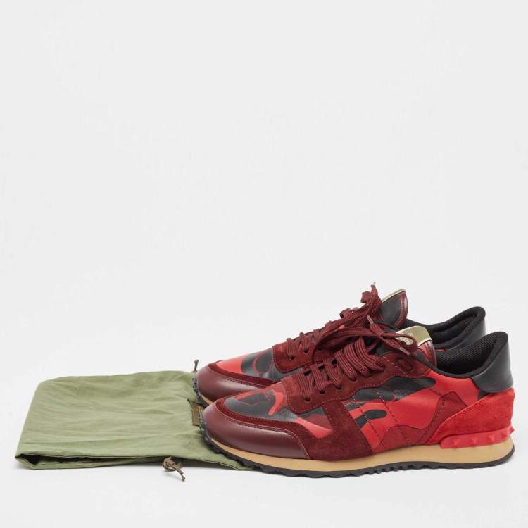 Pre Owned Valentino Red Camouflage Leather,Canvas and Suede Rockrunner Sneakers Size 43