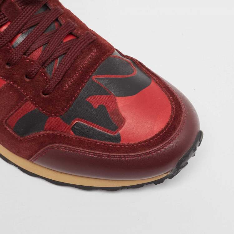 Pre Owned Valentino Red Camouflage Leather,Canvas and Suede Rockrunner Sneakers Size 43