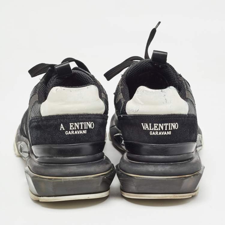 Pre Owned Valentino Black Leather and Mesh Camouflage Bounce Low Top Sneakers Size 44 