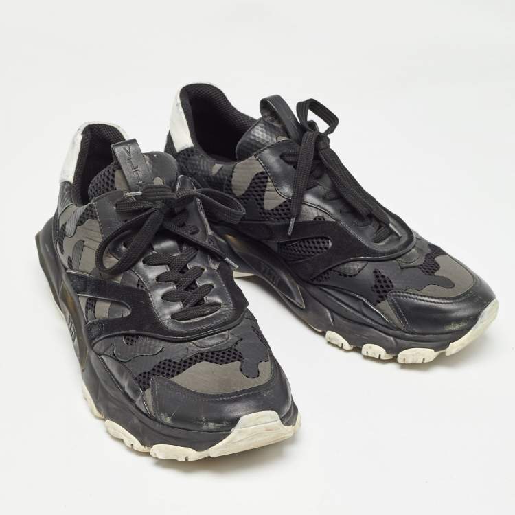 Pre Owned Valentino Black Leather and Mesh Camouflage Bounce Low Top Sneakers Size 44 