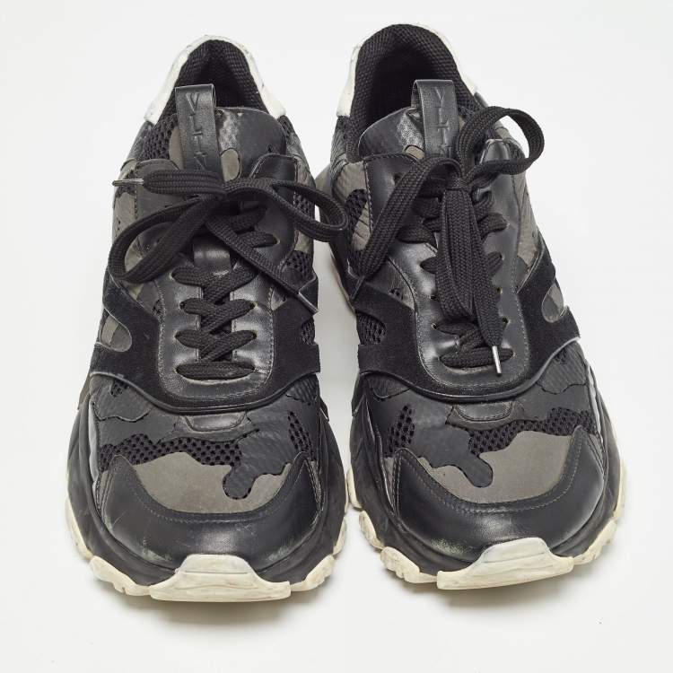 Pre Owned Valentino Black Leather and Mesh Camouflage Bounce Low Top Sneakers Size 44 