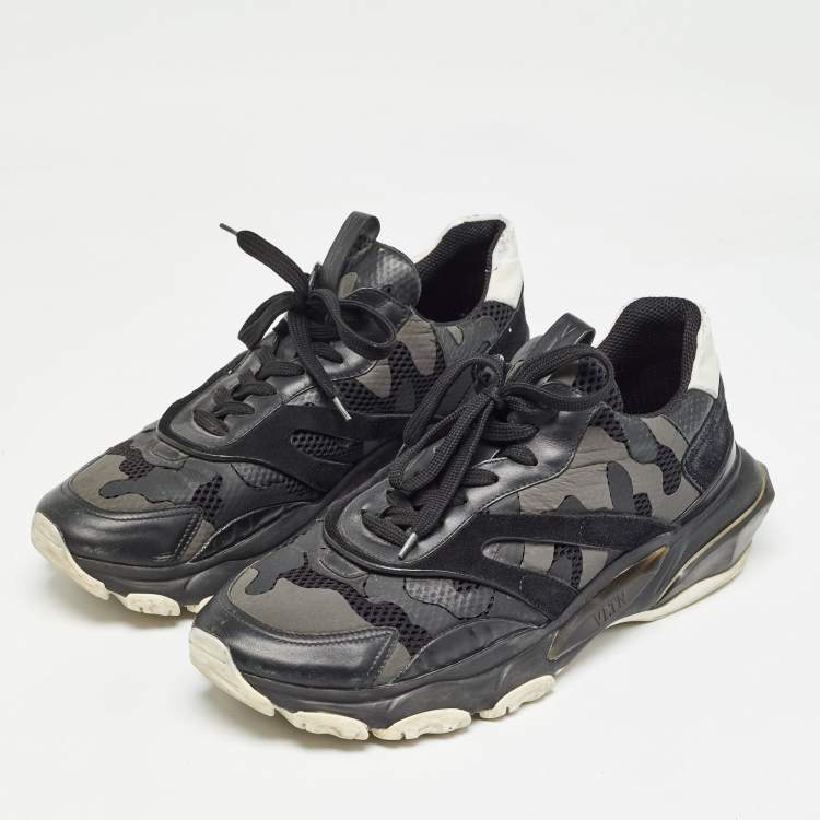 Pre Owned Valentino Black Leather and Mesh Camouflage Bounce Low Top Sneakers Size 44 