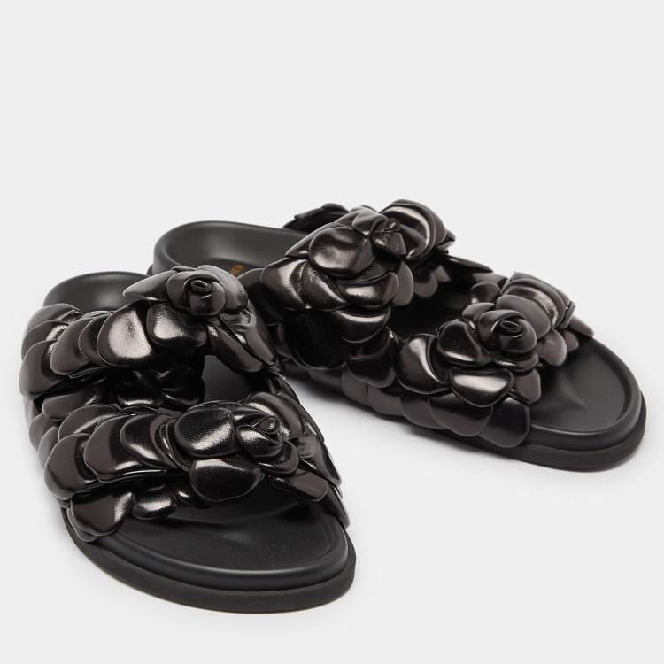 Pre Owned Valentino Black Leather Atelier 03 Rose Edition Slides Size 43.5