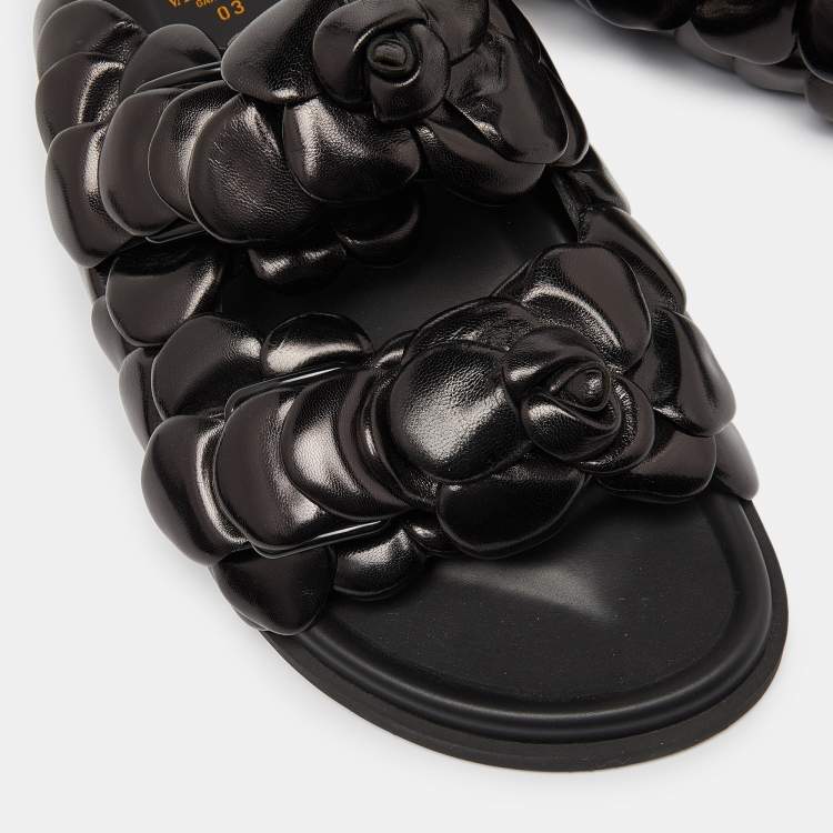 Pre Owned Valentino Black Leather Atelier 03 Rose Edition Slides Size 43.5