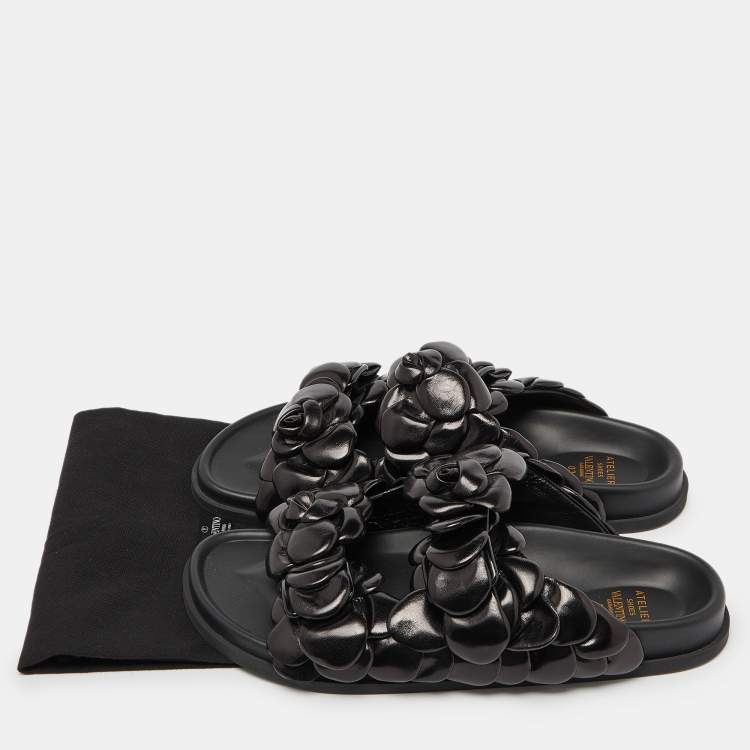 Pre Owned Valentino Black Leather Atelier 03 Rose Edition Slides Size 43.5