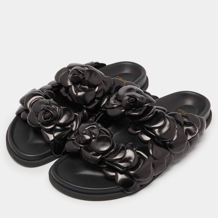 Pre Owned Valentino Black Leather Atelier 03 Rose Edition Slides Size 43.5