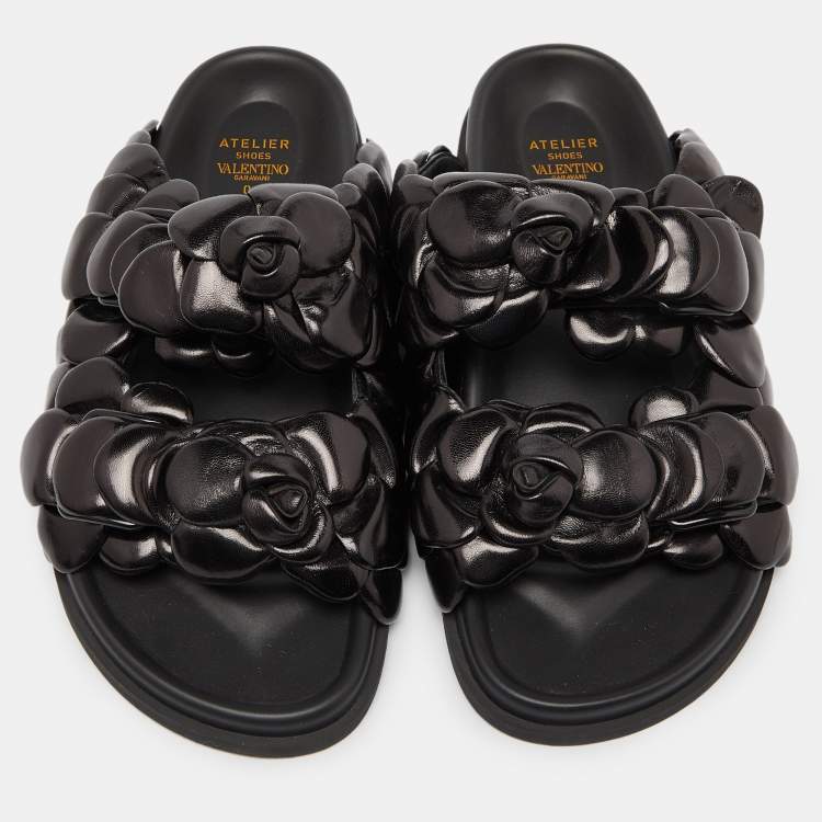 Pre Owned Valentino Black Leather Atelier 03 Rose Edition Slides Size 43.5