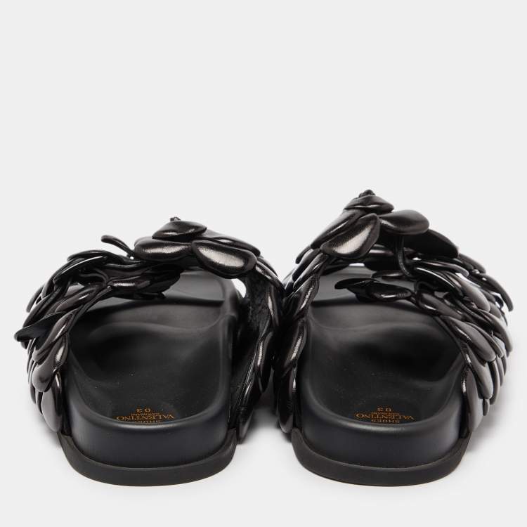 Pre Owned Valentino Black Leather Atelier 03 Rose Edition Slides Size 43.5