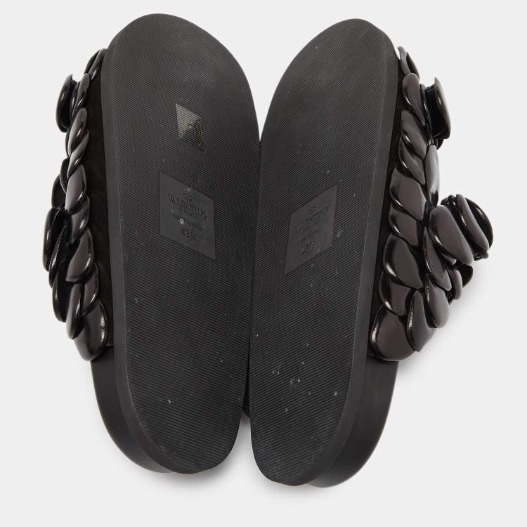 Pre Owned Valentino Black Leather Atelier 03 Rose Edition Slides Size 43.5