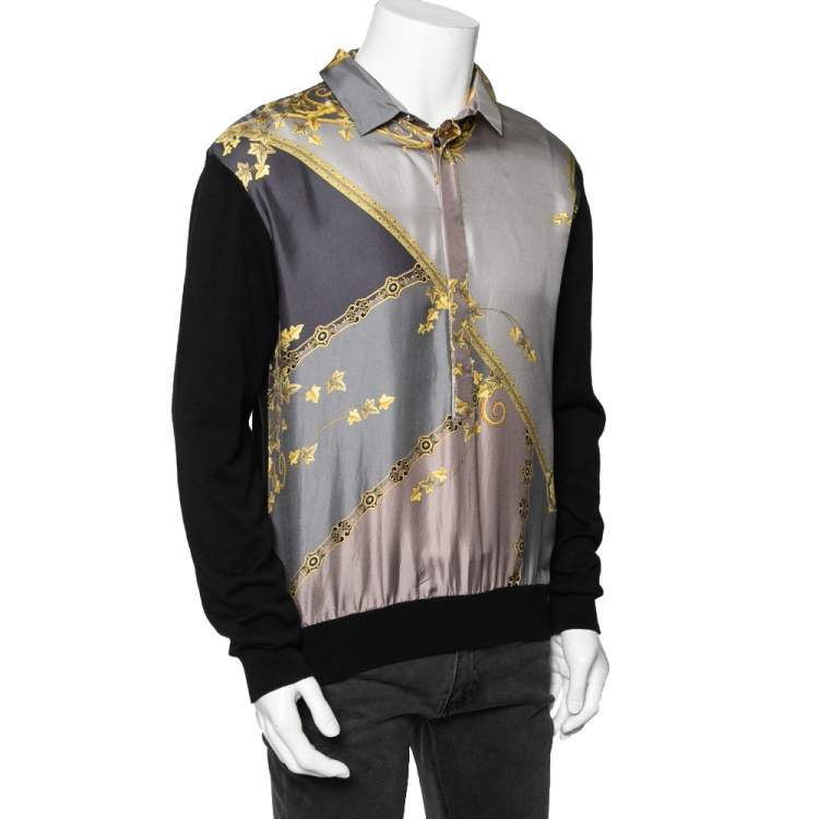 Pre Owned Versace Collection Black Knit & Baroque Printed Silk Paneled Button Front Pullover L