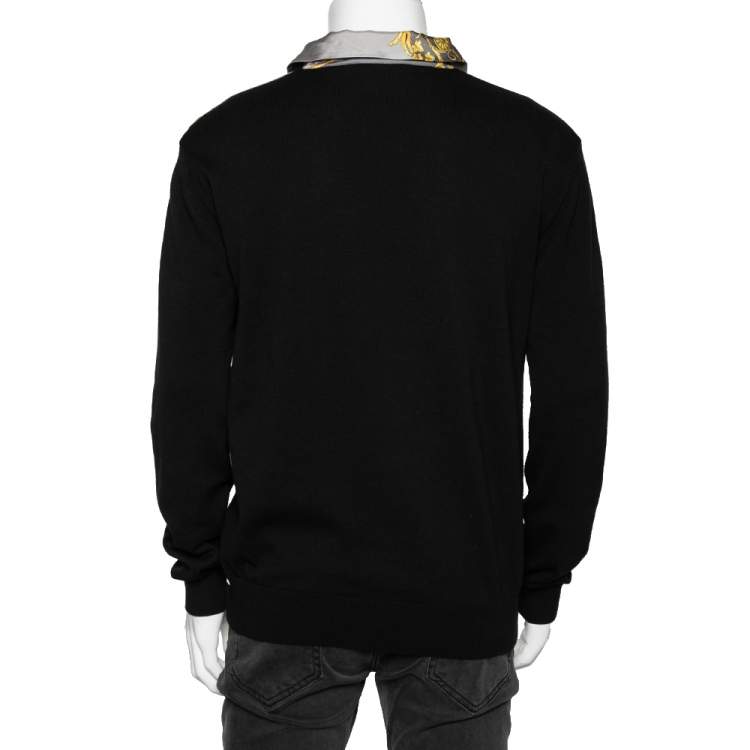 Pre Owned Versace Collection Black Knit & Baroque Printed Silk Paneled Button Front Pullover L