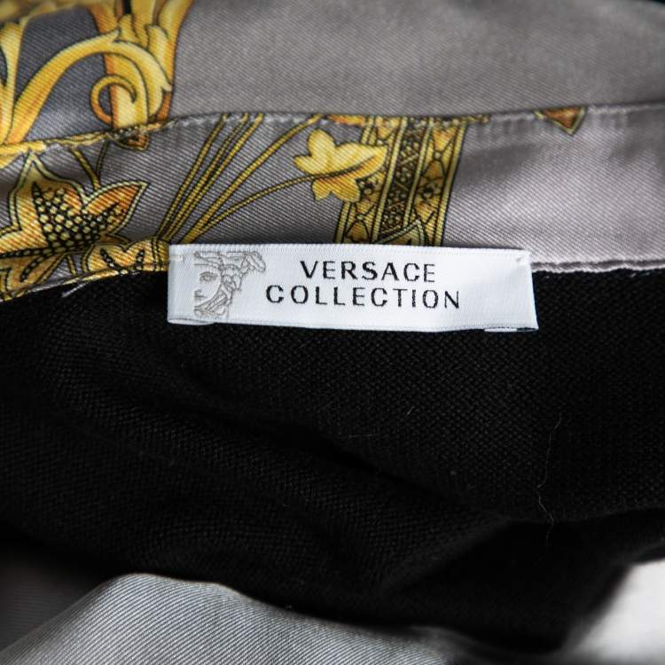 Pre Owned Versace Collection Black Knit & Baroque Printed Silk Paneled Button Front Pullover L