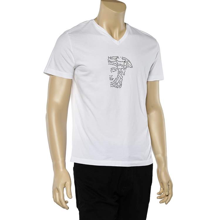 مملوكة مسبقًا Versace Collection White Cotton Knit Medusa Head Embellished V-Neck T-Shirt M