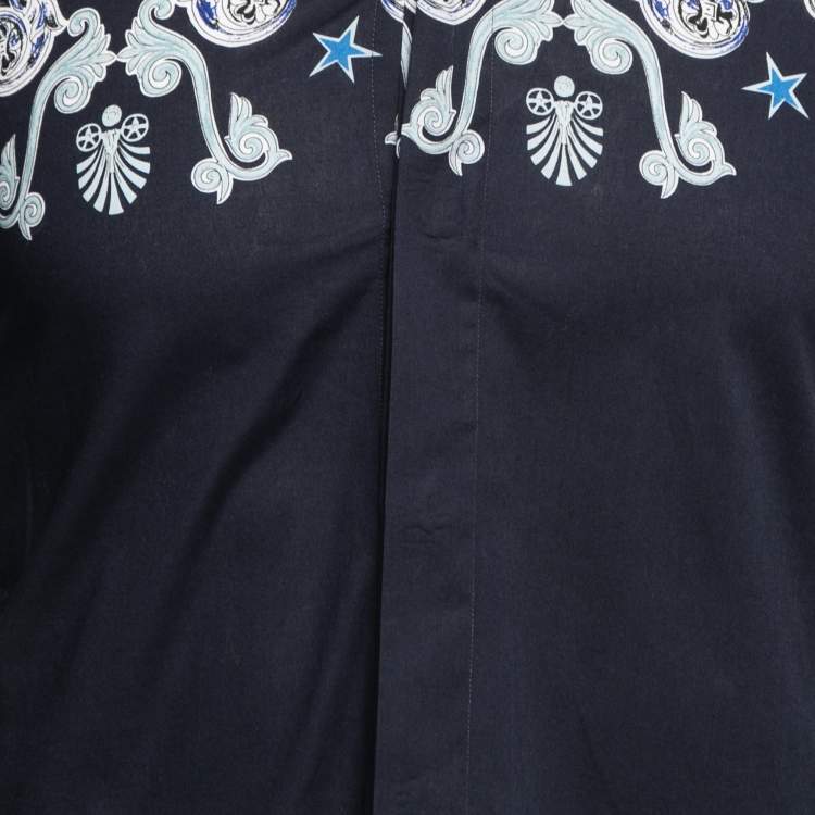 Pre Owned Versace Collection Navy Blue Printed Cotton Button Front Shirt S