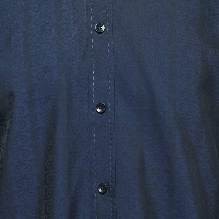 Pre Owned Versace Collection Navy Blue Patterned Cotton Blend Full Sleeve Shirt XL