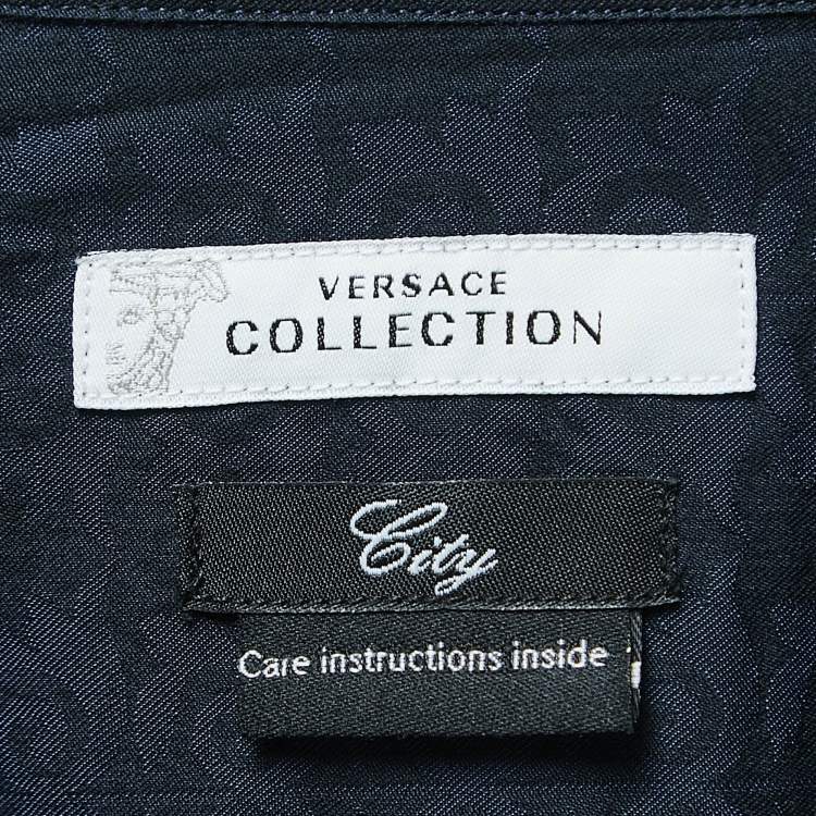 Pre Owned Versace Collection Navy Blue Patterned Cotton Blend Full Sleeve Shirt XL
