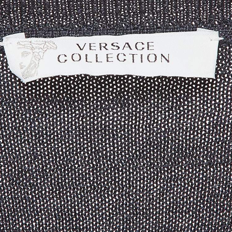 Pre Owned Versace Collection Navy Blue Wool Leather Trimmed Jumper L