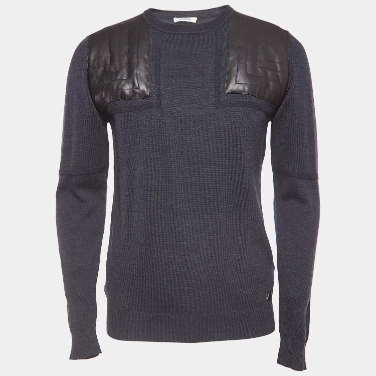 Pre Owned Versace Collection Navy Blue Wool Leather Trimmed Jumper L