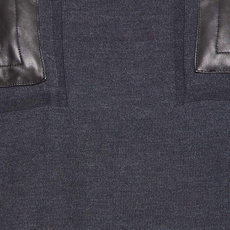 Pre Owned Versace Collection Navy Blue Wool Leather Trimmed Jumper L
