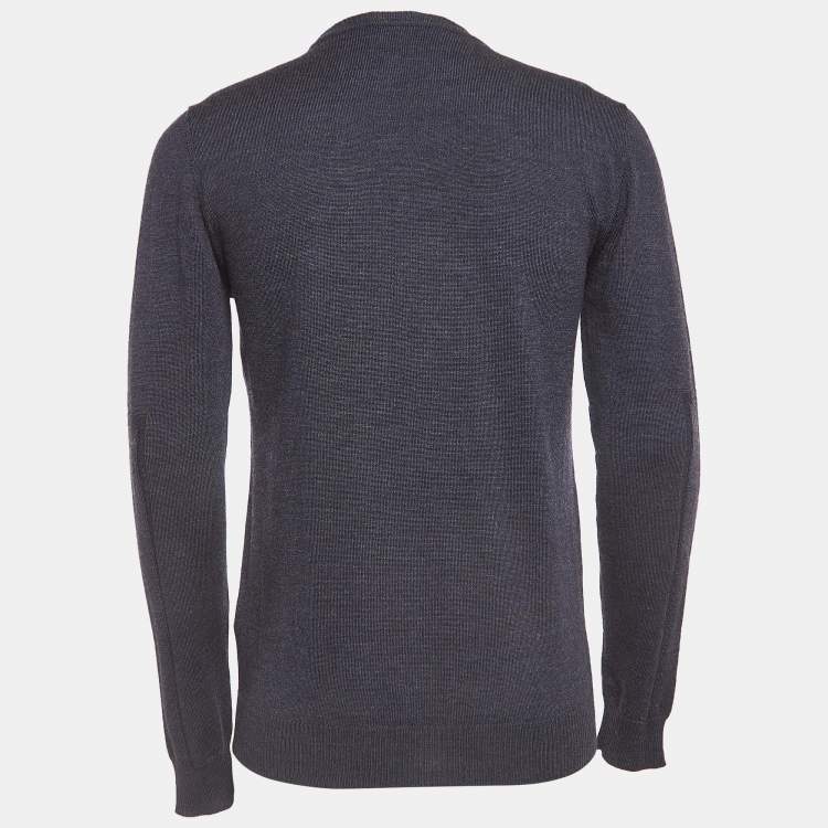 Pre Owned Versace Collection Navy Blue Wool Leather Trimmed Jumper L