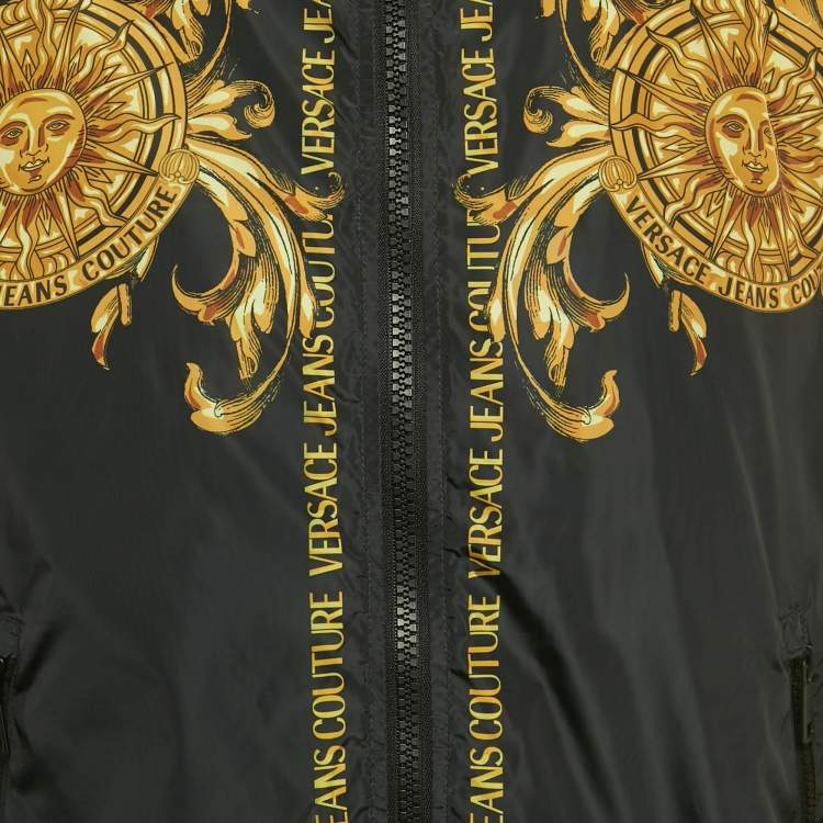 Pre Owned Versace Jeans Couture Black Sun Baroque Print Synthetic Zip-Up Hooded Jacket S