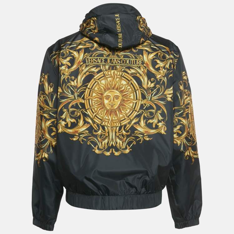Pre Owned Versace Jeans Couture Black Sun Baroque Print Synthetic Zip-Up Hooded Jacket S