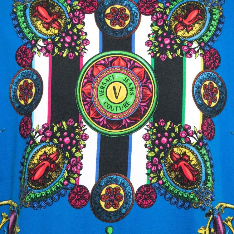 Pre Owned Versace Jeans Couture Bright Blue Baroque Print Cotton T-Shirt XXL