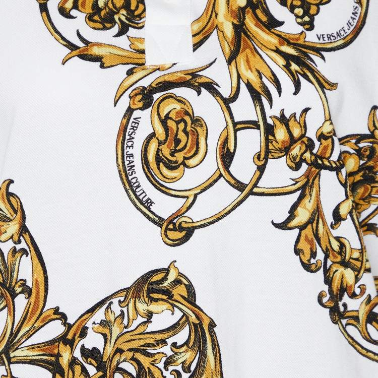 Pre Owned Versace Jeans Couture White Baroque Printed Cotton Pique Polo T-Shirt M
