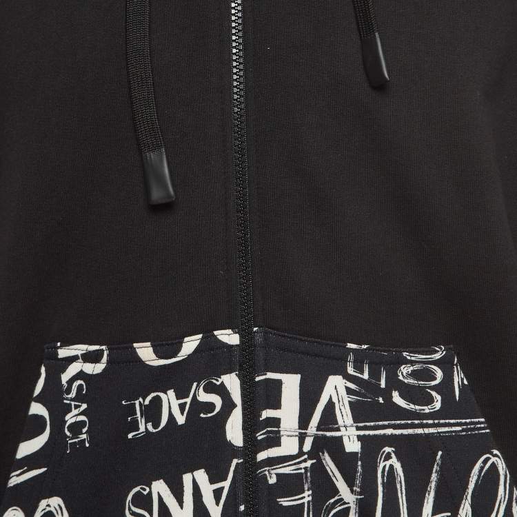 Pre Owned Versace Jeans Couture Black Logo Print Cotton Knit Hooded Sweatshirt L