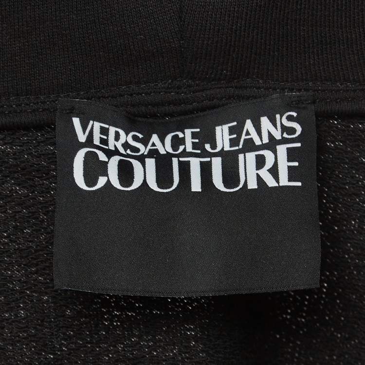 Pre Owned Versace Jeans Couture Black Logo Print Cotton Knit Hooded Sweatshirt L