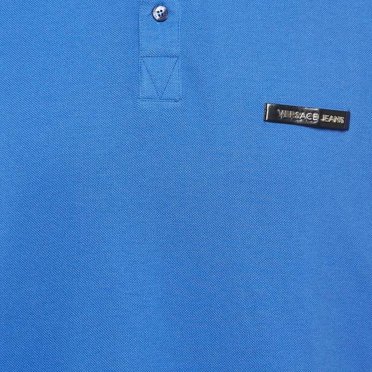 Pre Owned Versace Jeans Blue Logo Leather Trim Pique Cotton Polo T-Shirt XL
