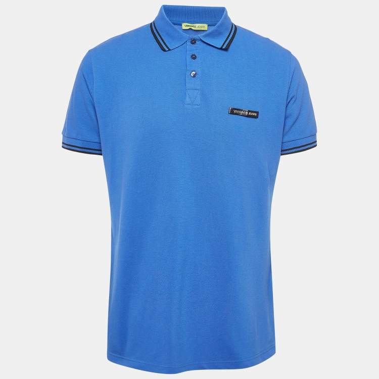 Pre Owned Versace Jeans Blue Logo Leather Trim Pique Cotton Polo T-Shirt XL