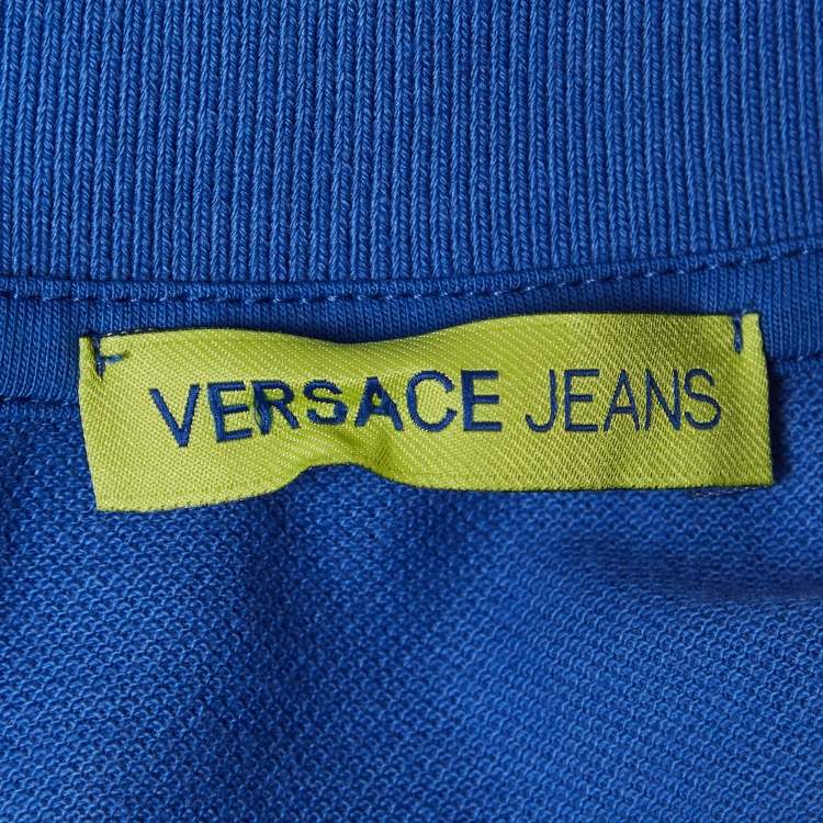 Pre Owned Versace Jeans Blue Logo Leather Trim Pique Cotton Polo T-Shirt XL