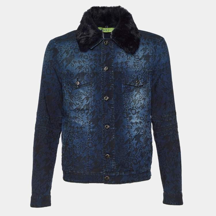 Pre Owned Versace Jeans Blue Jacquard Denim Detachable Fur Collar Jacket XL