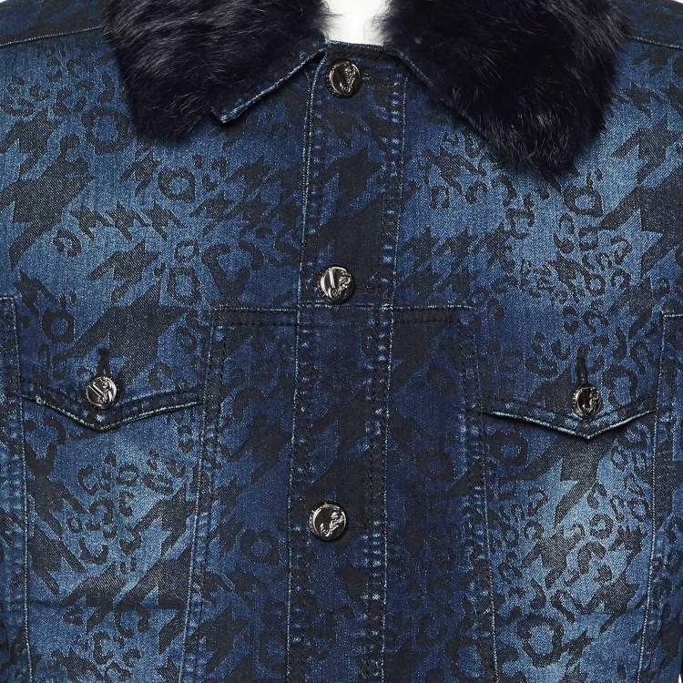 Pre Owned Versace Jeans Blue Jacquard Denim Detachable Fur Collar Jacket XL
